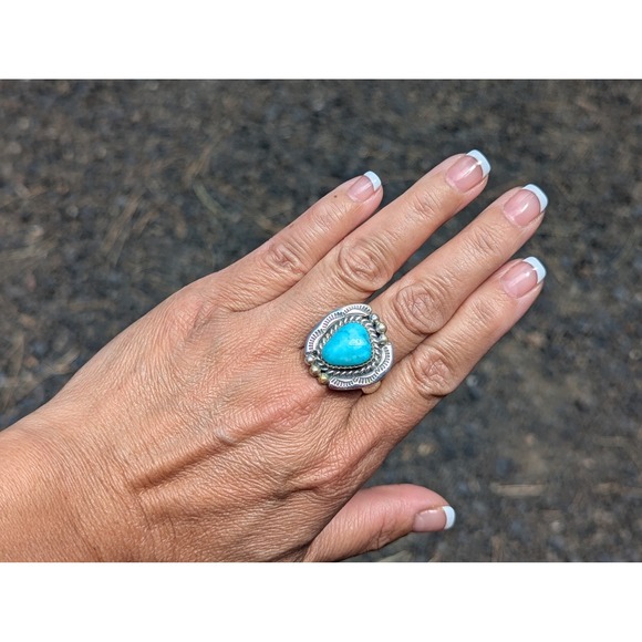 Navajo Ring Sterling Silver Turquoise Handmade Native Am Signed Jewelry Sz 12US* - Picture 4 of 8